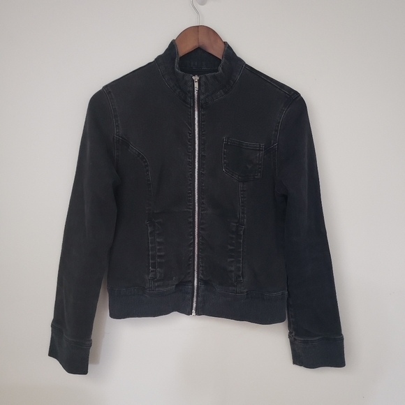 Black Cropped Denim Jacket Banded Distressed Size Medium - Picture 1 of 11